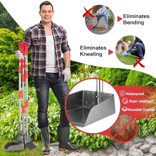 FUSBUNTY Long Handle Dog Pooper Scooper, Heavy Duty Stainless Steel Rake | Includes Tray & Spade for Pet Waste Removal. Rust-Proof Metal Scoop Set for Grass, Dirt, Gravel, Yard & Outdoor Clean Up. - color: Red-Standard
