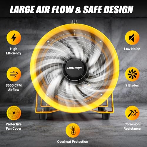 LDHTHOPI 12 Inch Blower Exhaust Fan, 3500CFM & 550W Portable Air Mover with 33ft Flexible Duct, Low-Noise Dust Extractor for Extraction and Ventilation, Yellow - color: Yellow-33