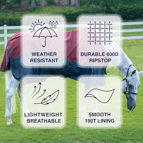 Horse Turnout Rain Sheet | 600 Denier Ripstop Turnout Blanket No Fill (0g) | Waterproof Lightweight Breathable | Tear-Resistant Outer & Rub-Free Silky Inner | Burgundy/Navy - 74 in - color: Burgundy/Navy, size: 74