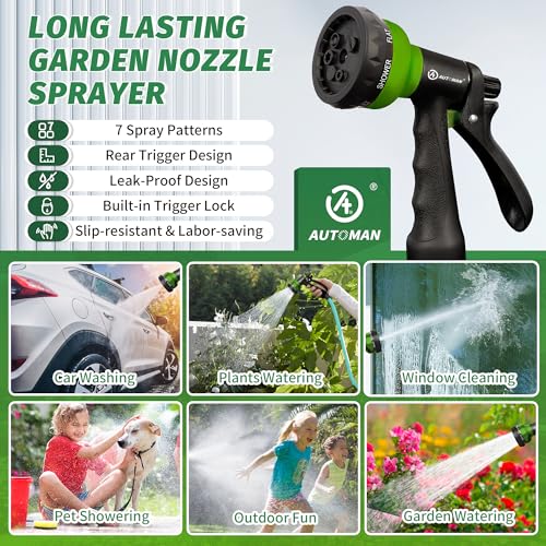 AUTOMAN-Garden-Hose-Nozzle, 2 Pack ABS Water Spray Nozzle with Heavy Duty 7 Adjustable Watering Patterns,Slip Resistant for Watering Plants,Lawn& Garden,Washing Cars,Cleaning,Showering Pets - Green - color: Green