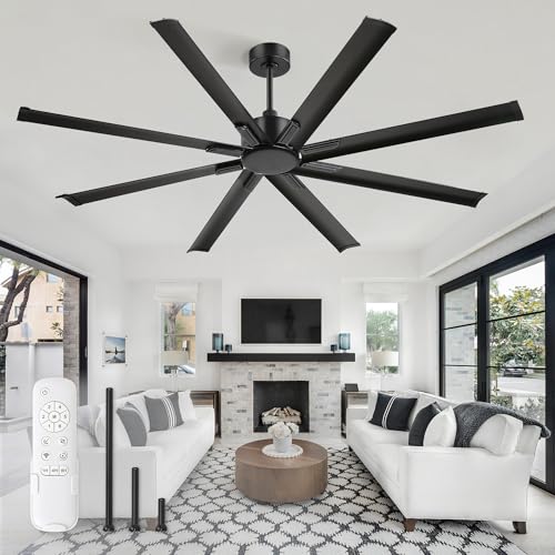 ZMISHIBO 72 Inch Ceiling Fan without Light, 8 Aluminum Reversible Blades | Industrial-Grade, DC Motor, Damp Rated, 6 Speeds, Remote Control, 3 Downrods, Flat/Sloped Ceiling, Living Room, Patio, Gym - color: Black, size: 72inch