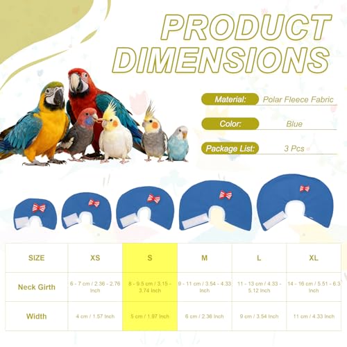 Bird Collars, Bird Cone Collar Protective Recovery Cones, Soft Adjustable Anti-Bite Feather Neck Protector (Blue, S, 3 Pcs), Intended for Budgie/Cockatiel/Lovebirds - color: Blue, size: S