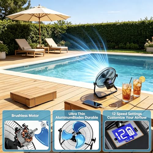 GOESWELL Solar Powered Fan 12 Inch Metal Blades Timer USB for Outdoors | Portable Solar Powered Fan Battery 12 Speeds Timer 360 Tilt USB Output Charges Phone Metal Blades Quiet For Outdoor