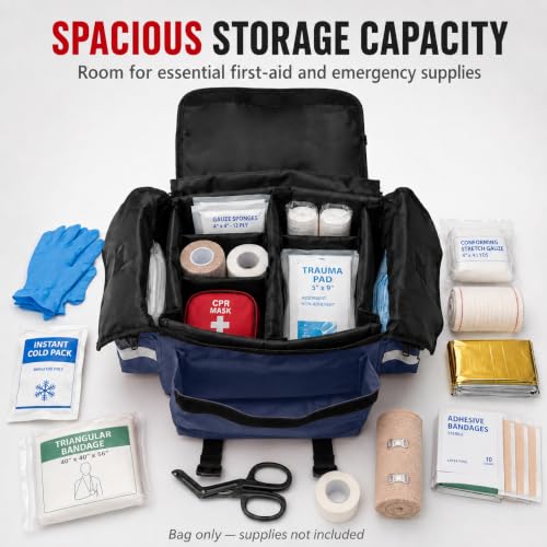 NOVAMEDIC NM-RO63P Professional First Responder Bag, 17” x 9” x 7” Empty EMT Trauma Kit Carrier with Removable Dividers, Reflective Strips, Water-Resistant Base for Emergency Medical Supplies (Blue) - color: Blue