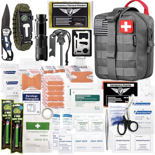 EVERLIT 250 Pcs Survival First Aid Kit | IFAK Outdoor Survival Kit Emergency Kit For Camping Hiking Hunting Earthquake Emergency Preparedness - color: Wolf Grey