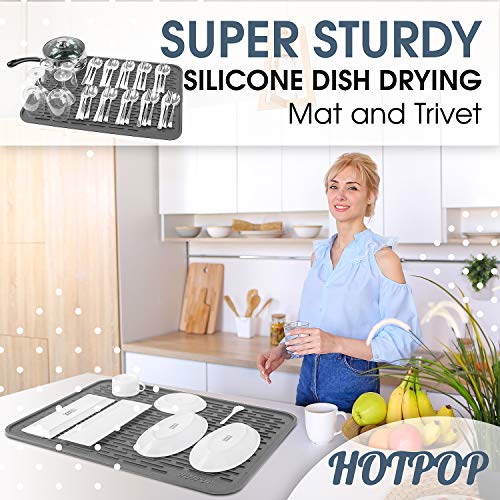 HOTPOP Medium (16"x12") Super Sturdy Silicone Dish Drying Mat and Trivet, Dishwasher Safe, Heat Resistant, Eco-conscious (Grey) - style: (16"x12"), Grey