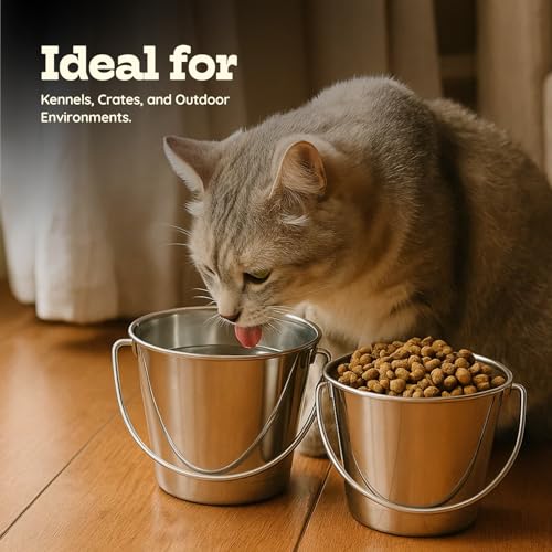 4Qt Heavy Duty Stainless Steel Water Bucket for Kennel, 2-Pack | Food & Water Pail, 1 Gallon Capacity, Heavy-Duty, Round Design with Carry Handle, Ideal for Dogs, Cats, Goat & Farm Animals - size: 4 Quart (Pack of 2)