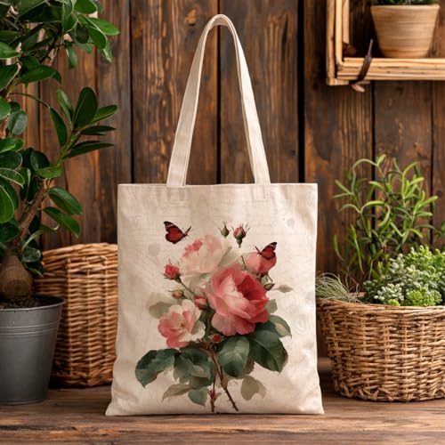 Vintage Floral Canvas Tote Bag, Aesthetic Botanical Reusable Grocery Bags for Women, Elegant Floral Lover Gift Tote - color: Color24