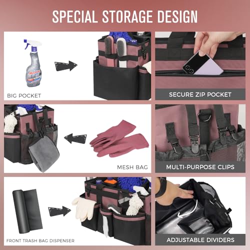 SCAVATA Wearable Cleaning Caddy, Cleaning Caddy Supplies Organizer with Handle & Shoulder Straps for Housekeepers, Under Sink & Car Cleaning Tool Organizers Bag with 4 Foldable Divider (LotusPink) - color: LotusPink
