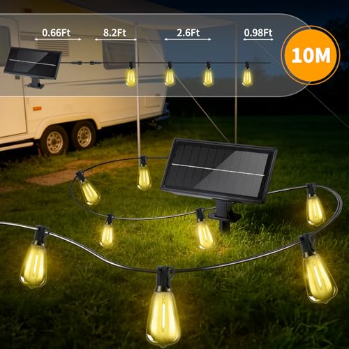 Solar Lights Outdoor 33FT, Dimmable Remote Control Patio Lights | Waterproof Solar Light with 11 ST38 Shatterproof Bulbs, Solar Powered & USB Charging, 3 Light Modes, Camping Backyard Garden - size: 10M-33FT