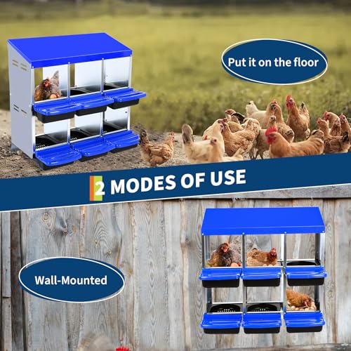 Chicken Nesting Box, Nesting Boxes for Chickens, 6 Compartments Chicken Laying Boxes with Lid Cover, Roll Away Nesting Box for Chickens Laying Egg to Protect Eggs, Blue