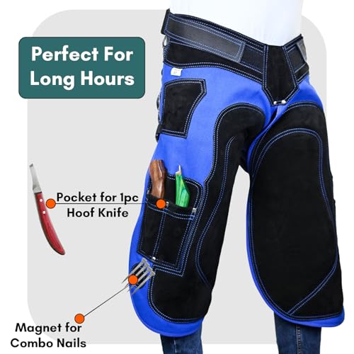 – Farrier Apron Cowhide Leather Hoof Trimming Chaps | with Premium Air Mesh Lining, Foam Knee Pads, 4 Knife Pockets & Nail Magnets | Adjustable Waist for Men & Women (Apron Only) - color: Blue - Black, size: 65cm - 25inch