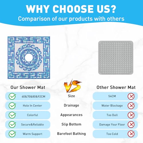 Square Shower Mat Non Slip: 24 x 24 Inch Soft Loofah Shower Stall Mat with Center Drain Hole - Secure Stand Up Shower Grip Pad for Inside Shower - color: Blue Mosaic, size: 24" x 24" (Square)