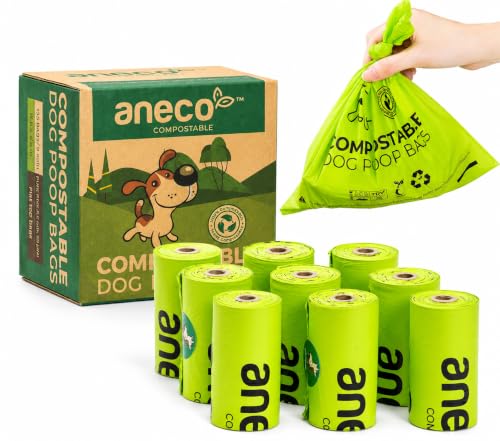 ANECO 100% Certified Home Compostable Dog Poop Bags (135 Count/9 Rolls) | Large Poop Bags for Dogs & Cats, Extra Strong & Leak-proof Pet Waste Bags, California