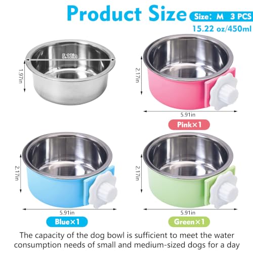 kathson Crate Dog Bowl, Removable Stainless Steel Hanging Pet Cage Bowl Food & Water Feeder Coop Cup for Cat, Puppy, Birds, Rats, Guinea Pigs (3 PCS, Size: M, Blue, Green, Pink) - color: Size: M (Blue, Green, Pink), size: 3 PCS