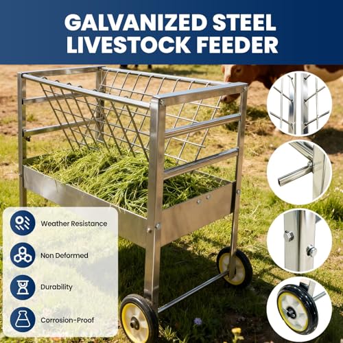 90lb Capacity Goat Hay Feeder with Wheels, 2‑in‑1 Galvanized Steel Livestock Feeder, Rust‑Proof Sheep Feeder Hay with 50 Gallon Feeding Pan for Goats, Sheep, Horses & Pigs