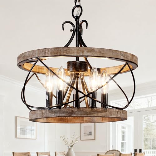 15.7" Farmhouse Chandelier for Dining Room, 5-Light Wood Drum | Rustic Chandelier Dining Room Light Fixture French Country Industrial Pendant Lamp for Living Room Kitchen Island Entryway - color: 15.7" Wood Drum