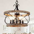 15.7" Farmhouse Chandelier for Dining Room, 5-Light Wood Drum | Rustic Chandelier Dining Room Light Fixture French Country Industrial Pendant Lamp for Living Room Kitchen Island Entryway - color: 15.7" Wood Drum
