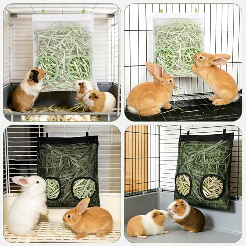 Mesh Guinea Pig Hay Feeder Bag for Guinea Pigs Rabbits Chinchillas, Hanging 2-Hole Hay Dispenser Breathable Wear-Resistant (Black) - color: black