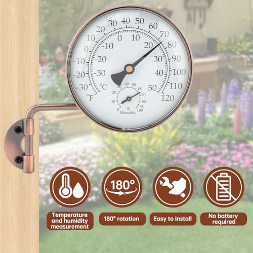 4 Inch Brass Outdoor Thermometer, Swivel Indoor Outdoor Thermometer Hygromete, Analog Temperature Gauge for Patio, Garage, Greenhouse, Garden, Wall