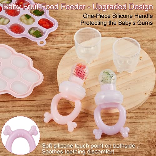 Breastmilk Popsicle Molds & Baby Fruit Feeder Teether (2 Set) | Teething Gum Relief, Freezer Tray with Lid, for Pureed Vegetables, BPA Free Silicone, Safe Self-feeding, Easy Fill, 4 Month+ - color: Pink / Purple