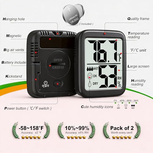 Antonki 2 Pack Room Thermometer Indoor Hygrometer | Monitor Temperature & Humidity, Accurate, Fast Read, Easy To View, Magnetic/Kickstand/Hanging, ℉/℃, w/ Battery, Compact - color: 2 Pcs * Classic Black ( 97%+ Choice )