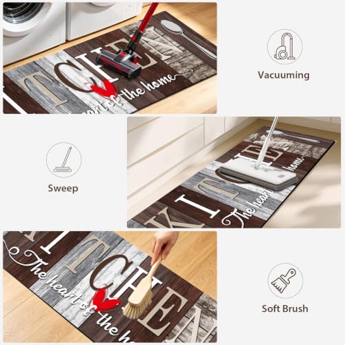 Kitchen Rugs Set 3 Piece, Non Slip Kitchen Mats for Floor, Soft Fabric with Rubber Backing, Farmhouse Anti Fatigue Runners Carpet for Home Kitchen Laundry Room Hallway Rustic Dark Brown & Grey - color: Rustic Dark Brown & Grey
