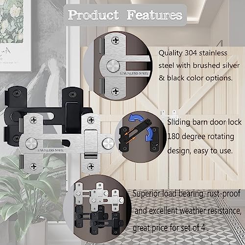 Barn Door Latch, 4 Pack 4-Inch Stainless Steel Gate Latches, Flip Door Latches Hardware, Sliding Lock Gate Latch for Outdoor Fence Barn Door Cabinet Window Closet Bifold Door Latch Locks Black - color: Black