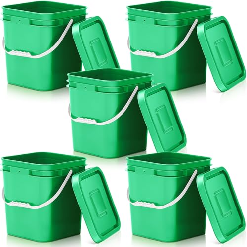 Mumufy 5 Pcs 3.5 Gallon Square Food Grade Bucket with Lid Square Bucket Pail Plastic Handles for Long Term Food Storage, Camping, Fishing, Home Organization Easy Stack and Store (Green) - color: Green
