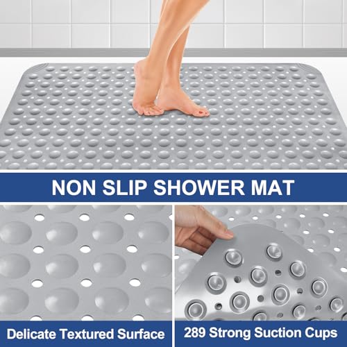 Shower Mat Non Slip: 34" x 23" Large Shower Mats for Inside Shower - Soft TPE Cuttable Anti Slip Shower Stall Mat with Drain Holes and Suction Cups - color: Gray, size: 34" x 23" (Rectangular)