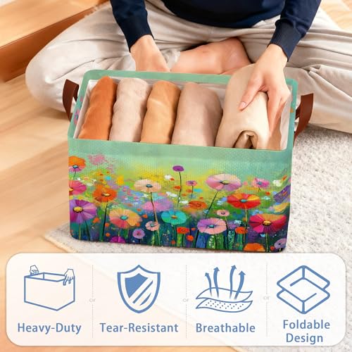 Retro Flowers Floral Storage Basket with Handles,Colorful Collapsible Rectangle Organizer Bin for Room Decoration Books Box Baskets 17x11.5x10Inch - color: Retro Flowers Floral Colorful