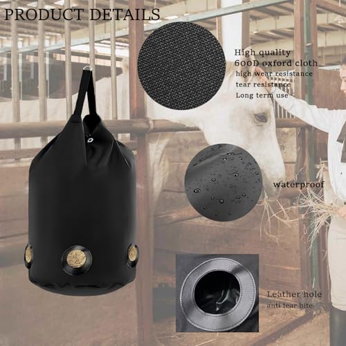 2 Pack Goat Hay Feeder, Slow Feed Hay Bag for Horses, Sheep, Donkey, Cows, Alpacas and Ostriches, Premium Oxford Waterproof Fabric, Circle Leather Reinforced 5 Open Feeding Hole for Resist Biting