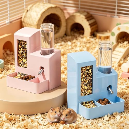 Automatic Hamster Feeder, 2-in-1 Water Bottle Dispenser No Drip | 5.51x4.33x6.49 Inch compact design with hamster water bottle, hamster food bowl and hamster accessories for small pets. - color: Blue