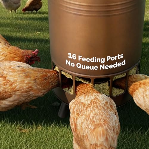 Solution4Patio 50LB No-Waste Chicken Feeder, Large Capacity Gravity Dispenser with Spill Control & 16 Feeding Ports Poultry Feeder for Outdoors & Hen Coop (Brown) - color: Brown