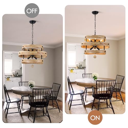 20" Farmhouse Chandelier for Dining Room Light Fixture, 6 Light | Wooden Drum Rustic Chandelier, French Country Pendant Light Over Table for Living Room Foyer Kitchen Island, 6 E12 Sockets - color: 20" Layered