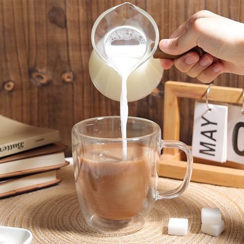 Joeyan 6 oz Glass Measuring Cup with Double Spouts,Clear Borosilicate Espresso Shot Glasses with Wooden Handle,Milk Creamer Frothing Pitcher Barista Coffee Carafe - color: 6 Oz Dual Spouts Clear Measuring Cup