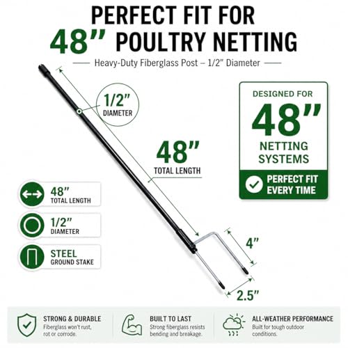 Electric Poultry Netting Replacement Pole – 48" Heavy-Duty Fiberglass Post with Metal Stakes for Electric Fence Kits – Durable, Easy Setup, Compatible with Most Poultry Netting Systems