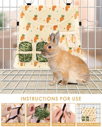 Bissap Rabbit Hay Feeder Bag, 2 Holes Hanging Hay Feeder Guinea Pig Hay Bag with Side Pocket for Rabbits Bunny Chinchillas Hamsters Rats and Other Small Pets Small Animal - Beige