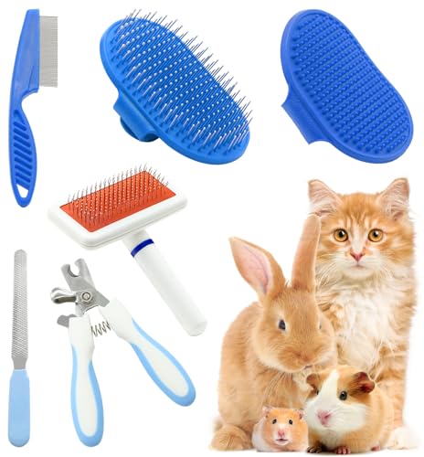 Pet Grooming Kit with Slicker Brush Bath Massage Glove Brush Pet Shedding Comb Nail Clipper Trimmer 6 Piece Set for Rabbit Kitten Guinea Pig Cat Chinchilla Ferret Small Animals - color: Blue