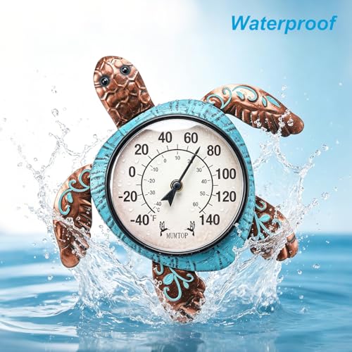 Outdoor Thermometer, Turtle Outside Decor for Patio Pool Garden | No Battery Needed Wall Mounted Wall Art Beach Gifts Waterproof
