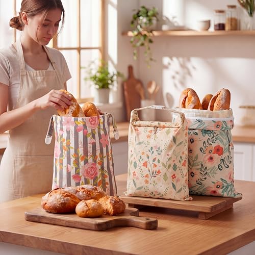 Tallew 3 Pack Beeswax Bread Bags for Sourdough Homemade Bread, Large 17x13 Inch Reusable TPU lining Beeswax Storage Bags with Sealing Zip Keep Fresh Freezer(Floral Style) - style: Floral Style