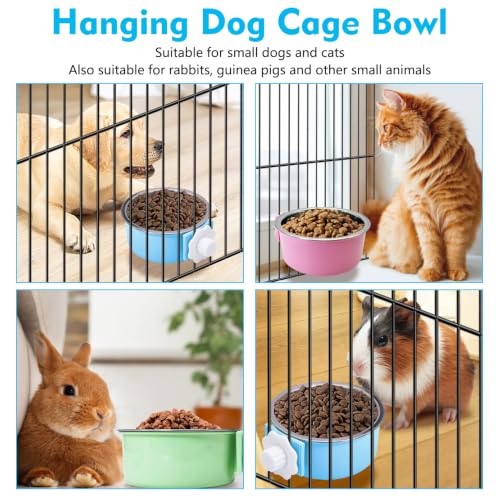 kathson Crate Dog Bowl, Removable Stainless Steel Hanging Pet Cage Bowl Food & Water Feeder Coop Cup for Cat, Puppy, Birds, Rats, Guinea Pigs (3 PCS, Size: M, Blue, Green, Pink) - color: Size: M (Blue, Green, Pink), size: 3 PCS