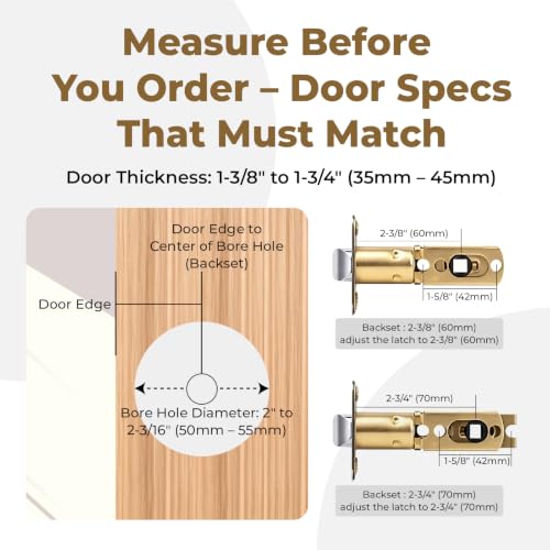 Door Latch Replacement - Non-Locking, 8mm Square Hole, Matte Black, 2 Pack | For Bedroom, Bathroom & Closet,Fits 2-3/8" or 2-3/4" Adjustable Backset, Easy install. Premium solid stainless steel.