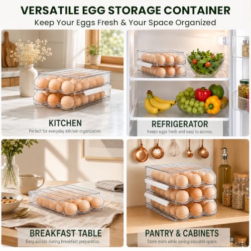 54 Egg Storage For Refrigerator With Egg Cracker Tool, Egg Dispenser For Refrigerator, Automatic Rolling Egg Holder For Fridge, BPA-Free Clear Egg Tray. - size: 3 Layers Holder 54 Eggs