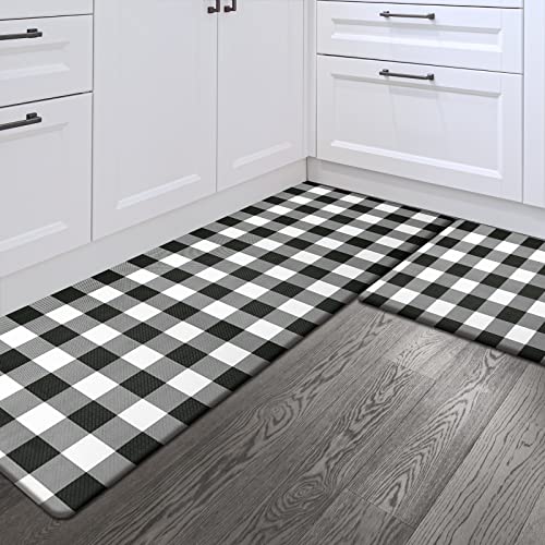 Sunlit Set of 2 Anti Fatigue Kitchen Floor Mat, Non Slip Waterproof Comfort Standing Mat, 0.4 Inch Thick Cushioned Farmhouse Kitchen Rug Runner, White Black Buffalo Check (17"x28"&17"x47") - color: Black