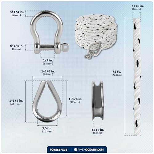 Five Oceans Anchor Line 5/16" x 75' - Anchor Rope Line, Marine Premium 3-Strand White Nylon Boat Anchor Rope - Stainless Steel Thimble and Shackle, Ideal for Mooring Anchoring Towing - FO4566-C75 - style: 5/16 inch x 75 ft