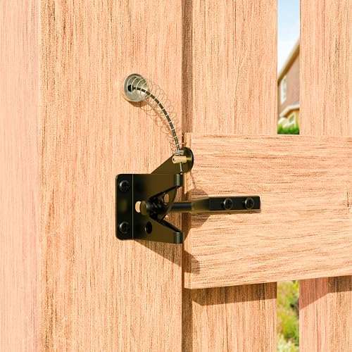 Self Locking Gate Latches with Spring Cable Pull, Post Mount Automatic Gravity Lever Gate Fence Door Lock for Wooden Fence/Vinyl Door/Aluminum Gate, 1 Pack