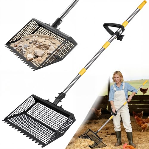 AsFrost 2-in-1 Chicken Poop Scooper & Rake for Chicken Coop | 12" Heavy Duty Litter Scooper Sand Sifting Shovel, Adjustable 26" to 76" Stainless Steel Handle for Small Farm & Sand