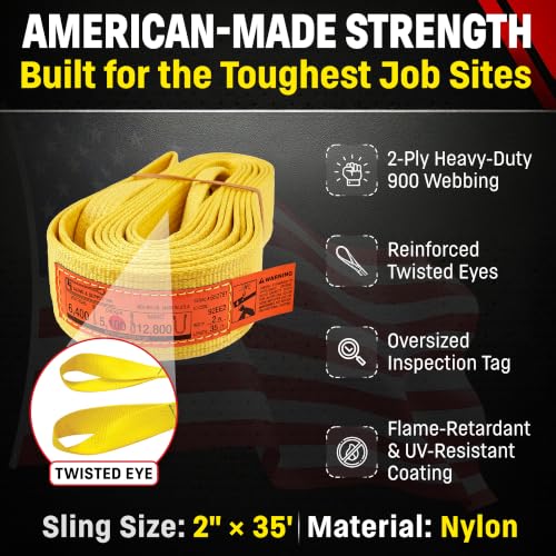 DD Sling 2 Inch x 35 Foot Nylon Lifting Sling – USA Made, 6,400 lb Vertical, 5,100 lb Choker, 12,800 lb Basket – 2-Ply Heavy Duty 900 Webbing, Type 4 Twisted Eye & Eye Rigging Sling - size: 2 in x 35 ft