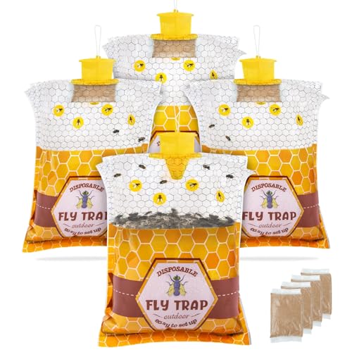 4 Pack Disposable Fly Traps Outdoor, Hanging Fly Bags for Patio Farm Ranch | Fly Hunter with Bait for Flying Insects, Waterproof Fly Catcher for Chicken Coop Barn - size: 4 Pack